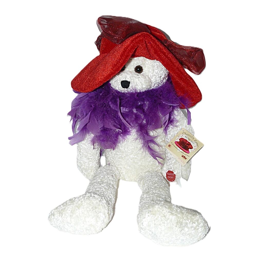 Chantilly Lane Musical Plush White Bear Red Hat Society Purple Boa Sings Works